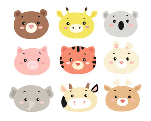 Naklejka premium Set of funny colorful animal faces, such as bear, giraffe, koala, pig, tiger, bunny, elephant, cow, deer. Vector illustration. Isolated on white background. For design,web,graphic.