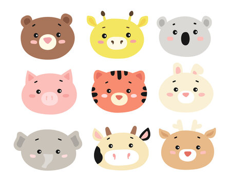 Set of funny colorful animal faces, such as bear, giraffe, koala, pig, tiger, bunny, elephant, cow, deer. Vector illustration. Isolated on white background. For design,web,graphic.