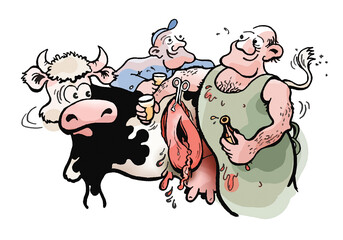 Happy farmer and veterinarian with beer bottle in hand talking cozy and half-drunk with each other during a caesarean section of a cow