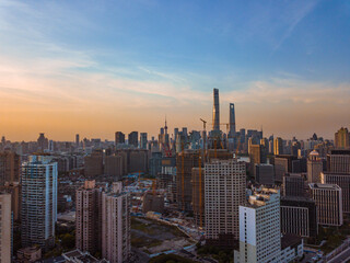 Aerial view of the skyline in Shanghai, China, shot at sunset.
