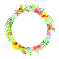 tropical floral wreath of watercolor flowers with a round frame with space for text, isolated on a white background.