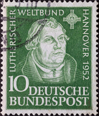 GERMANY - CIRCA 1952: a postage stamp printed in Germany showing an image of of Martin Luther from...