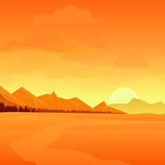 Fototapeta na wymiar A desert with the sun, views of the mountains and forests, scorching sand. Vector