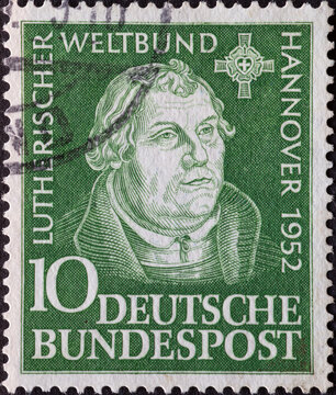 GERMANY - CIRCA 1952: a postage stamp printed in Germany showing an image of of Martin Luther from the occasion of the Lutheran World Federation Hanover 1952, circa 1952