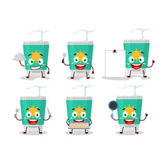 Cartoon character of sunblock with various chef emoticons