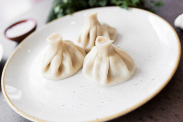 Georgian Khinkali on a white plate. Closeup. view from above. National cuisine