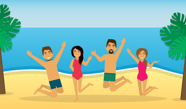 Happy people jump on a beach. Summer holidays. People in swimsuits. Beach party. Poster, banner.