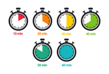 A set of stopwatch with different time, countdown in minutes. Timer. Vector icons.