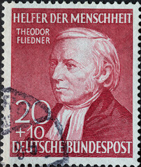 GERMANY - CIRCA 1952: a postage stamp printed in Germany showing an image of theodor fliedner,...