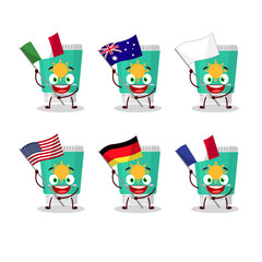 Sunblock cartoon character bring the flags of various countries