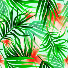 tropical greenery seamless pattern with coconut leaves and plumeria flowers