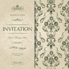 vintage card with damask background and elegant floral elements. Vector	
