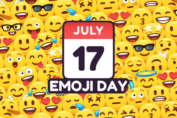 Happy Emoji Day 17 July, calendar icon on funny yellow emoticon faces background vector celebration poster illustration