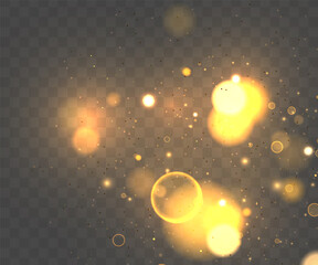 The dust sparks and golden stars shine with special light. Vector sparkles on a transparent background. Christmas light effect. Sparkling magical dust particles. 