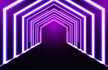 Geometric tunnel neon light effect, modern futuristic background. Abstract geometric lines with neon light effect for cyberpunk concept