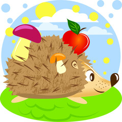 Hedgehog with Apple and mushrooms. Children's vector illustration.