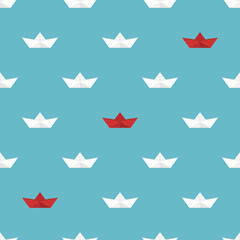 Paper boat vector set isolated on blue background. Seamless pattern illustration.