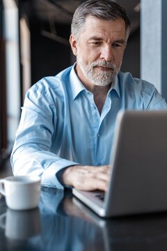 Mature Businessman Working On Laptop. Handsome Mature Business Leader Sitting In A Modern Office