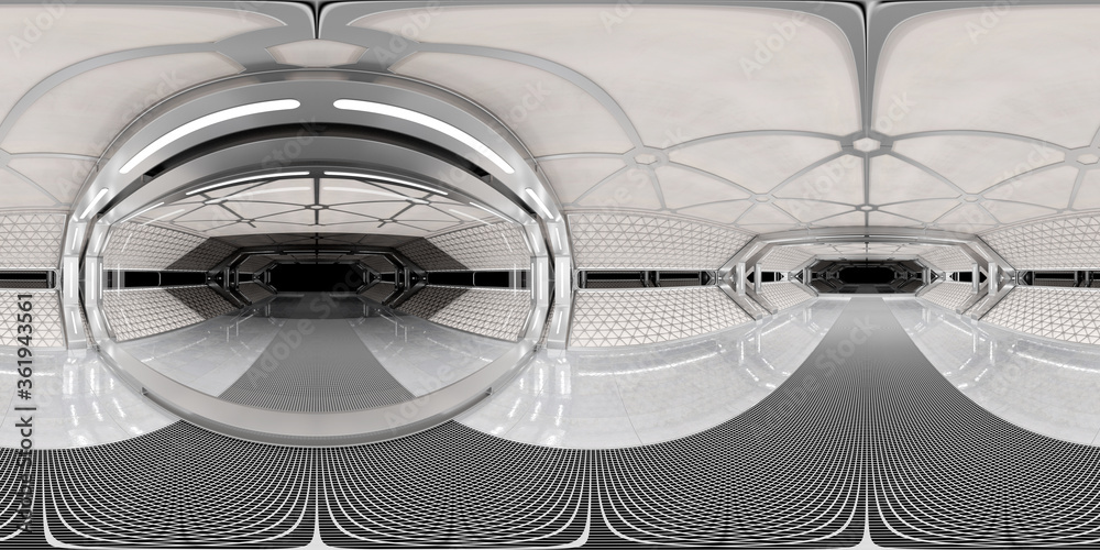 Poster High resolution HDRI panoramic view of white spaceship interior. 360 panorama reflection mapping of a futuristic spacecraft room 3D rendering