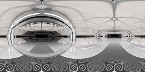 Fototapeta na wymiar High resolution HDRI panoramic view of white spaceship interior. 360 panorama reflection mapping of a futuristic spacecraft room 3D rendering