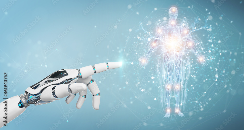 Aufkleber Robot hand using digital x-ray human body holographic scan projection 3D rendering