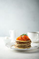 Smoked salmon pancakes with fresh dill