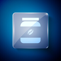 White Coffee jar bottle icon isolated on blue background. Square glass panels. Vector Illustration.