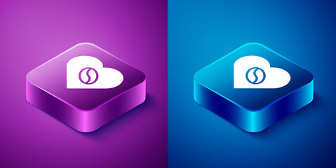 Isometric Coffee Lovers icon isolated on blue and purple background. I love coffee. Square button. Vector Illustration.