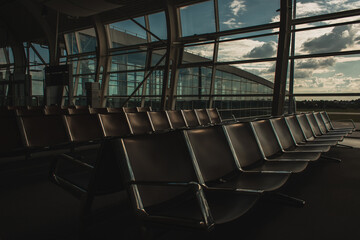 Naklejka premium Rows of empty chairs in airport of Copenhagen, Denmark