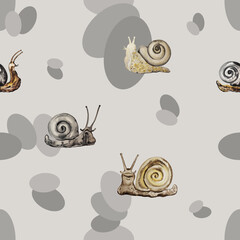 Snails watercolor sketches seamless pattern on timber wolf color background and gray ovals.