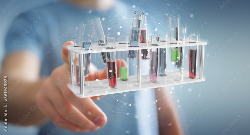 Aufkleber man holding and touching medical analysis in tubes samples 3d rendering