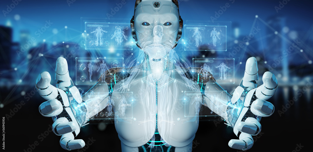 Poster Robot using digital x-ray human body holographic scan projection 3D rendering