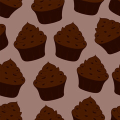 Tasty chocolate cupcake icon. Sweet dessert. Seamless pattern. Vector illustration