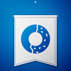 Blue Donut with sweet glaze icon isolated on blue background. White pennant template. Vector Illustration.