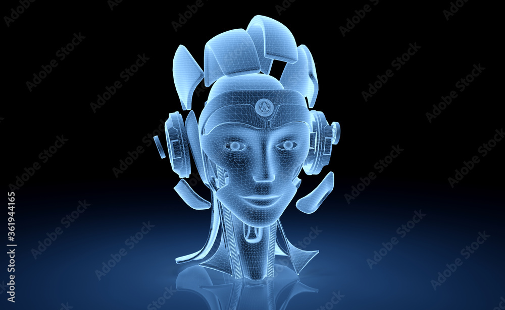 Poster artificial intelligence holographic projection with robot head 3d rendering