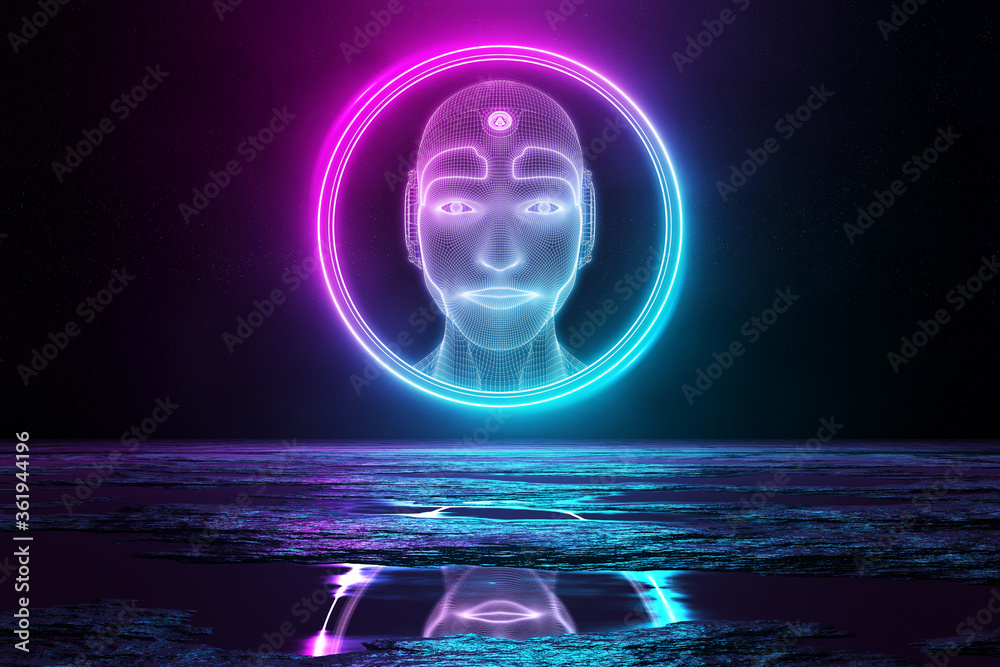 Fototapete robot head in circle illuminating the floor with blue and pink neon light 3d rendering