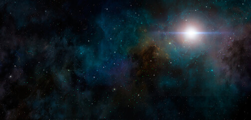 Space background. Colorful nebula with star field and sun. Elements furnished by NASA. 3D rendering