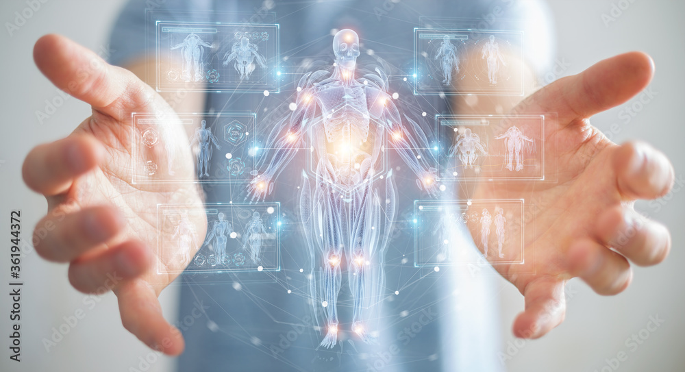 Poster Man using digital x-ray human body holographic scan projection 3D rendering