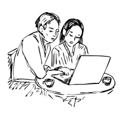 Couple working on laptop, hand drawn ink doodle, sketch, black and white vector illustration