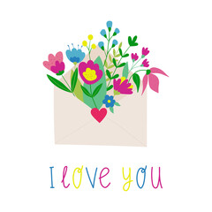 Love letter with a bouquet of flowers. I love you. Vector flat illustration isolated on a white background. Valentines day card design. Cute postcard.
