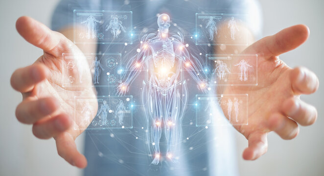 Man using digital x-ray human body holographic scan projection 3D rendering
