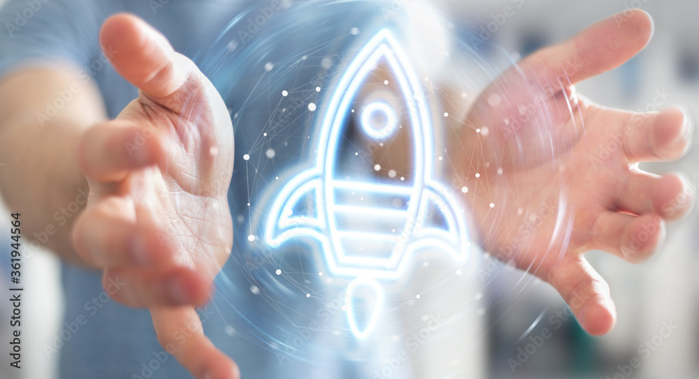 Aufkleber Man using startup digital neon interface 3D rendering