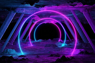 Abstract background with blue and pink neon light circles reflecting on asteroid spaceship 3D rendering