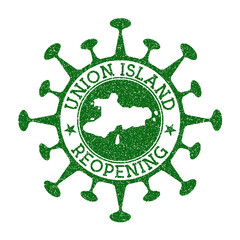 Union Island Reopening Stamp. Green round badge of island with map of Union Island. Island opening after lockdown. Vector illustration.
