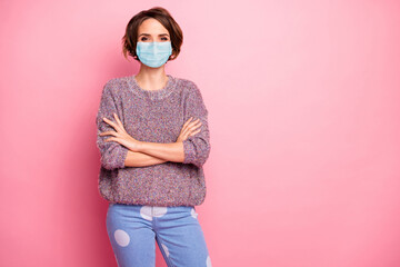 Portrait of her she nice attractive pretty content healthy girl wearing safety gauze mask folded...