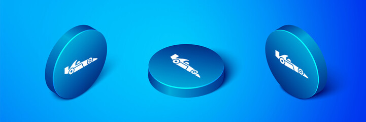 Isometric Formula 1 racing car icon isolated on blue background. Blue circle button. Vector Illustration.