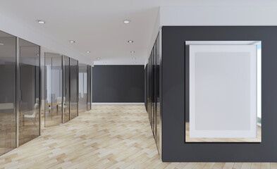 designer furniture in the reception. office with large windows. home style. Sunset. 3D rendering