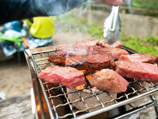山で調理するBBQ炭火高級和牛焼肉【ミスジ】