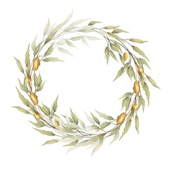 Green and gold leaves frame,. Wreath isolated on white. Floral illustration for design