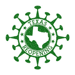 Texas reopening stamp. Green round badge of US state with map of Texas. US state opening after lockdown. Vector illustration.